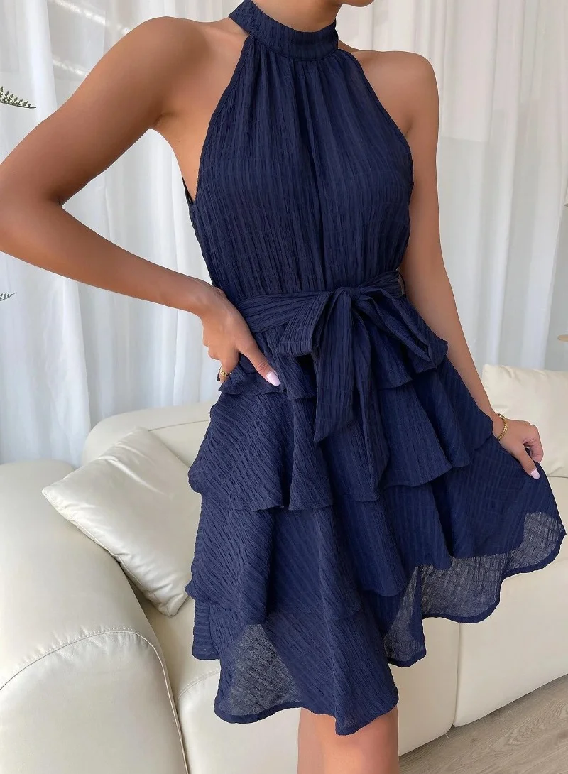 يونيكي Navy Blue Self Design Layered Fit  Flare Dress