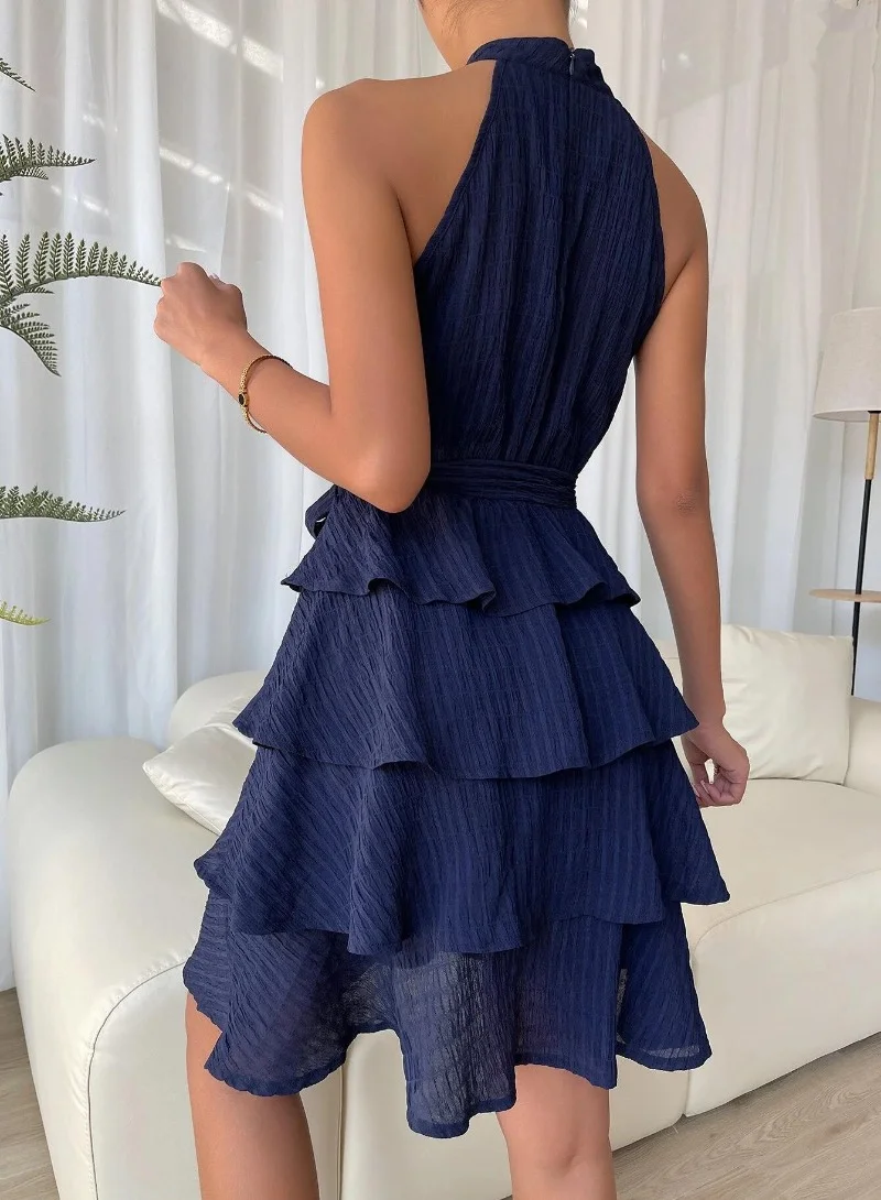 يونيكي Navy Blue Self Design Layered Fit  Flare Dress