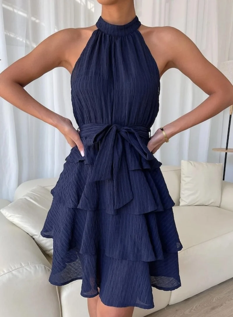 يونيكي Navy Blue Self Design Layered Fit  Flare Dress