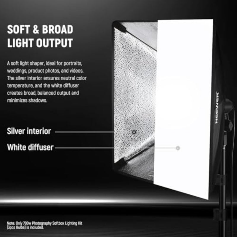 700W Equivalent Softbox Lighting Kit, 3 Pack CE and UKCA Certified 5700K LED Lighting Bulbs, 24x24 inches Softboxes with E27 Socket, Photography Continuous Lighting Kit Photo Studio Equipment - Image 5