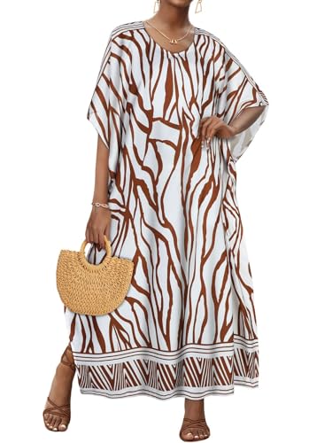 JILUVIN Kaftan Dresses for Women Plus Size V Neck Caftan Long Batwing Sleeve Swimsuit Cover Up Beach Swimwear 2026 (Beige Wave Stripes,One Size) - Image 1