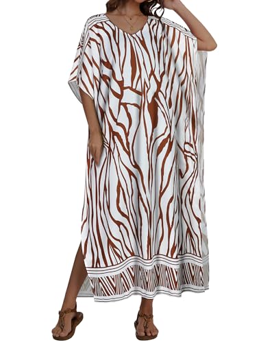 JILUVIN Kaftan Dresses for Women Plus Size V Neck Caftan Long Batwing Sleeve Swimsuit Cover Up Beach Swimwear 2026 (Beige Wave Stripes,One Size) - Image 2
