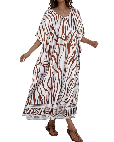 JILUVIN Kaftan Dresses for Women Plus Size V Neck Caftan Long Batwing Sleeve Swimsuit Cover Up Beach Swimwear 2026 (Beige Wave Stripes,One Size) - Image 4