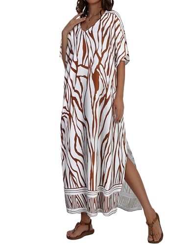 JILUVIN Kaftan Dresses for Women Plus Size V Neck Caftan Long Batwing Sleeve Swimsuit Cover Up Beach Swimwear 2026 (Beige Wave Stripes,One Size) - Image 5
