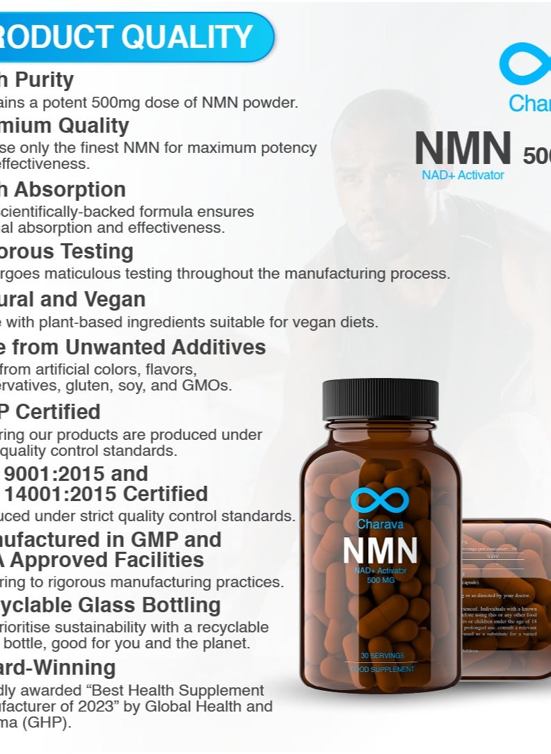 Charava - Charava NMN 500mg | Nicotinamide Mononucleotide | Enhanced Absorption | NAD+ Booster | 30 Servings | 3rd Party Certified - Image 1