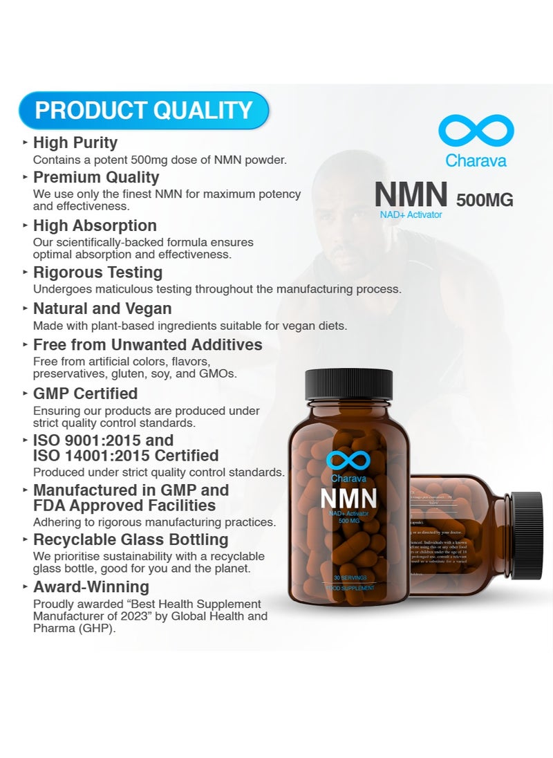 Charava - Charava NMN 500mg | Nicotinamide Mononucleotide | Enhanced Absorption | NAD+ Booster | 30 Servings | 3rd Party Certified - Image 1