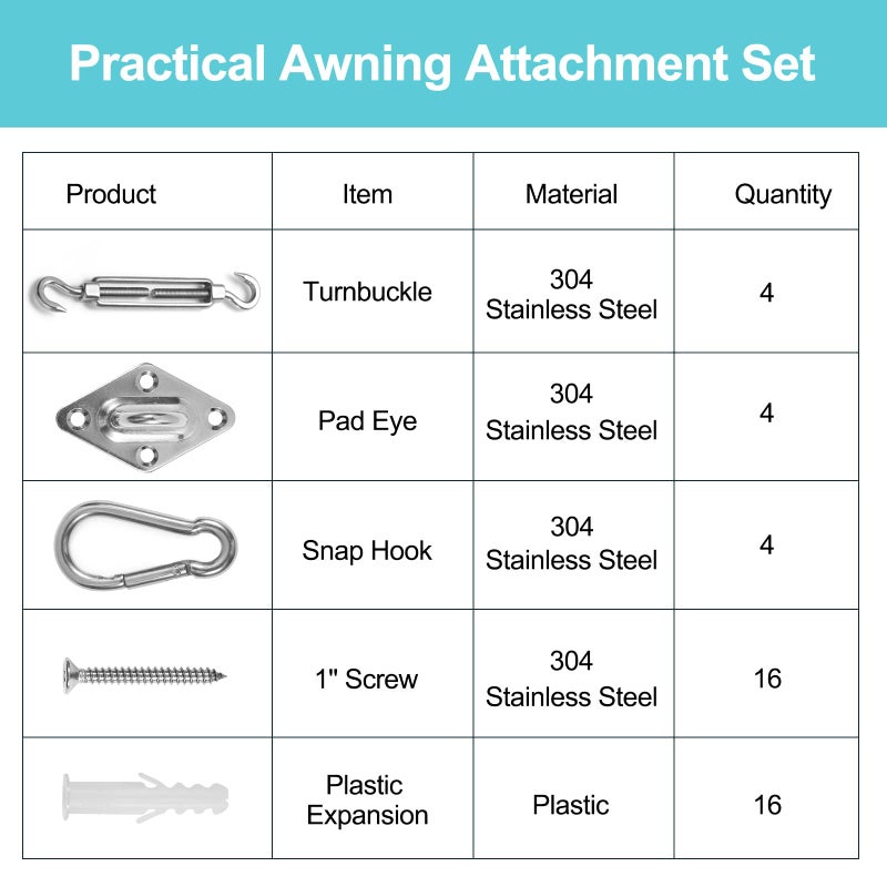 HOMPER M6 Awning Attachment Set, Heavy Duty Sun Shade Sail Stainless Steel Hardware Kit for Garden Triangle and Square, Rectangle, Fixing Accessories - Image 4