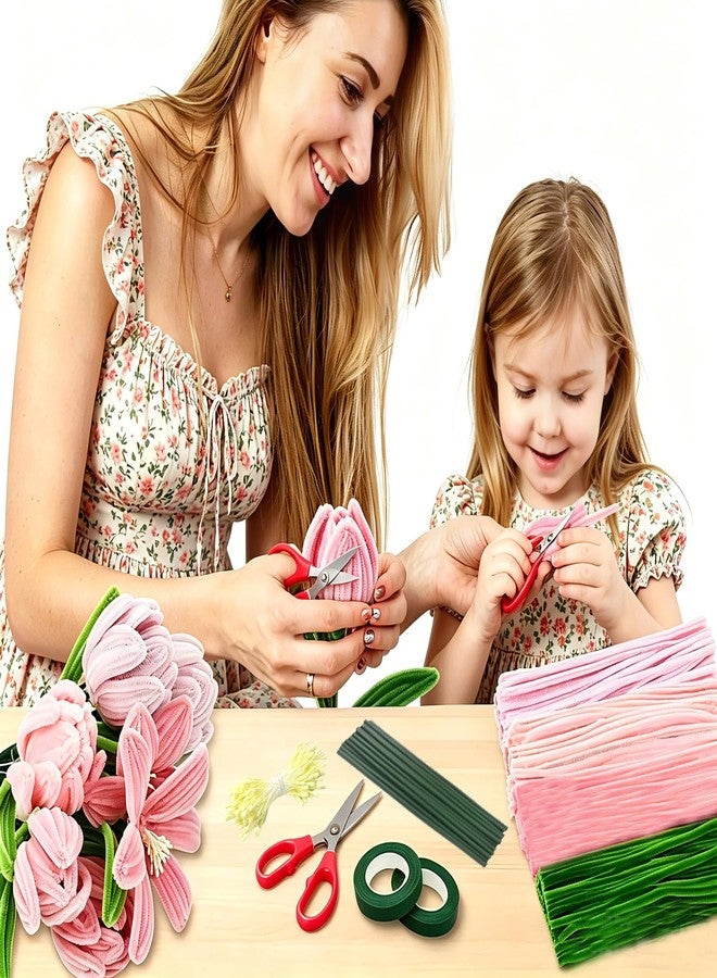Sheliky Pipe Cleaner Flower Kit 400Pcs Pipe Cleaners Craft Bulk Chenille Stems for Flower Making DIY Bouquets Party Decor with Floral Wires, Gardening Tape,Stamen & Ribbon (Pink) - Image 4