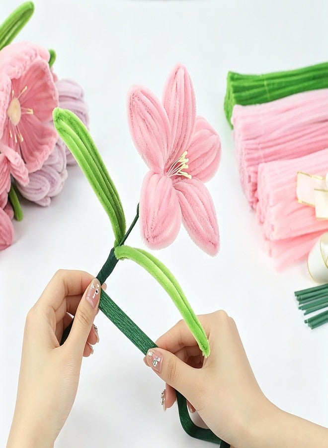 Sheliky Pipe Cleaner Flower Kit 400Pcs Pipe Cleaners Craft Bulk Chenille Stems for Flower Making DIY Bouquets Party Decor with Floral Wires, Gardening Tape,Stamen & Ribbon (Pink) - Image 3