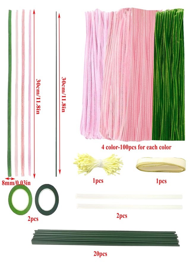 Sheliky Pipe Cleaner Flower Kit 400Pcs Pipe Cleaners Craft Bulk Chenille Stems for Flower Making DIY Bouquets Party Decor with Floral Wires, Gardening Tape,Stamen & Ribbon (Pink) - Image 2