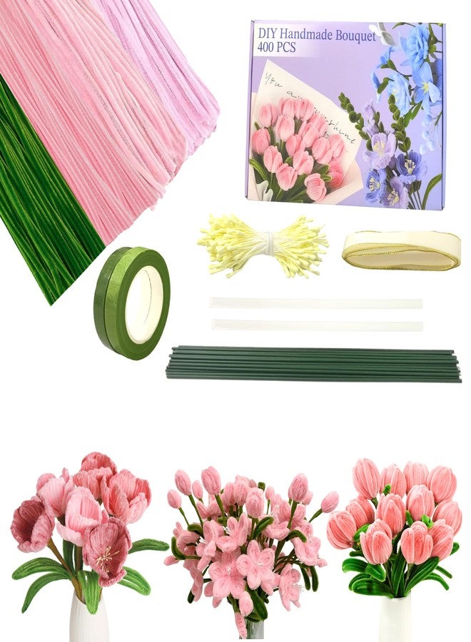 Sheliky Pipe Cleaner Flower Kit 400Pcs Pipe Cleaners Craft Bulk Chenille Stems for Flower Making DIY Bouquets Party Decor with Floral Wires, Gardening Tape,Stamen & Ribbon (Pink) - Image 1