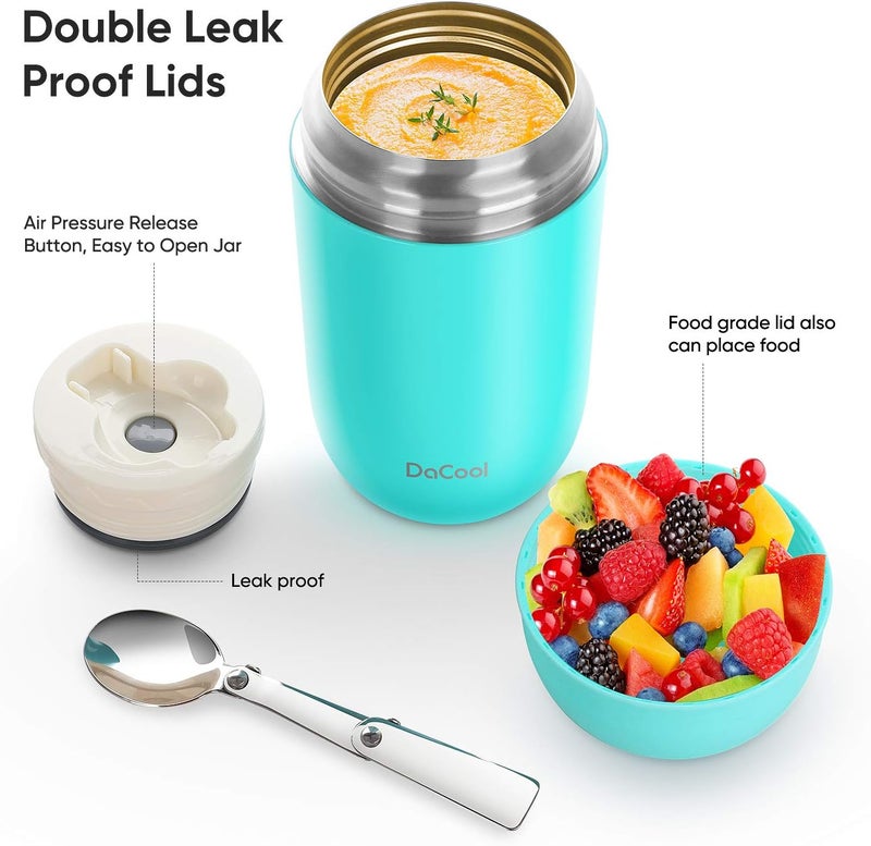 DaCool Insulated Lunch Container Hot Food Jar 24 oz Stainless Steel Vacuum Bento Lunch Box for Adult with Spoon Leak Proof Hot Food Insulated Container for Office Picnic Travel Outdoors, Cyan Blue - Image 2
