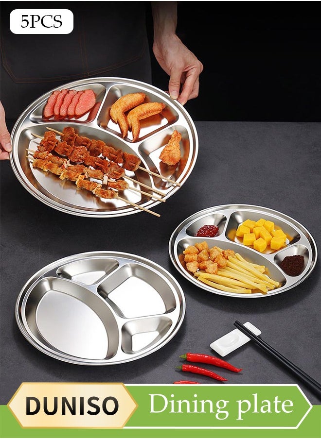 DUNISO Five-Piece Stainless Steel Dinner Plate, Round Four-Grid Dinner Plate, Kindergarten Baby Dinner Plate, Office Lunch Box, Restaurant Staff Student Grid Plate, Anti-Fall And Not Easy To Deform, Food Sharing Plate Suitable For Adults And Children  - Image 1