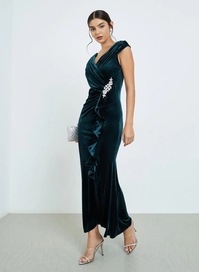 Styli Styli Teal Embellished Velvet Look Maxi Dress