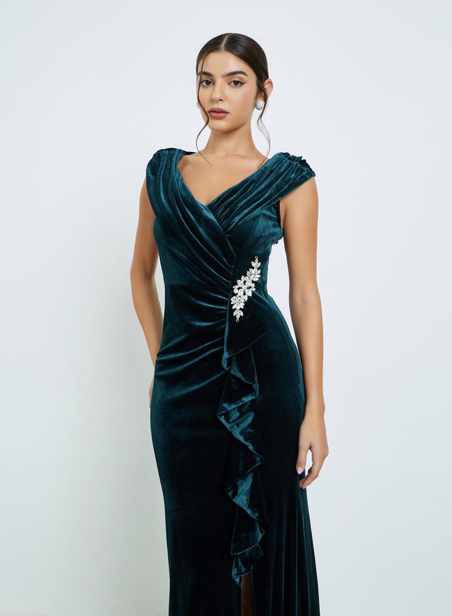 Styli Teal Embellished Velvet Look Maxi Dress - Image 3