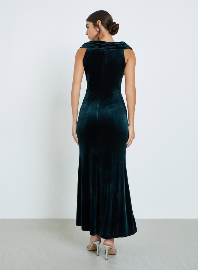 Styli Teal Embellished Velvet Look Maxi Dress - Image 5
