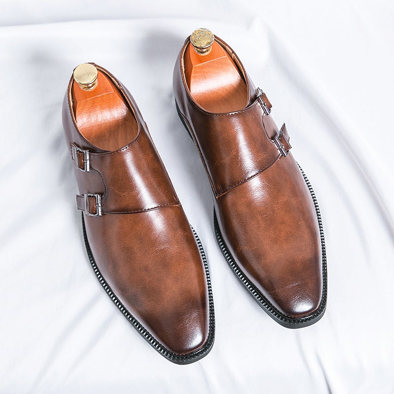 Mens Classic Minimalist Memphis Shoes Pointed Toe Buckle Retro Loafers British Style Business Casual All-match Dress Shoes Brown 
