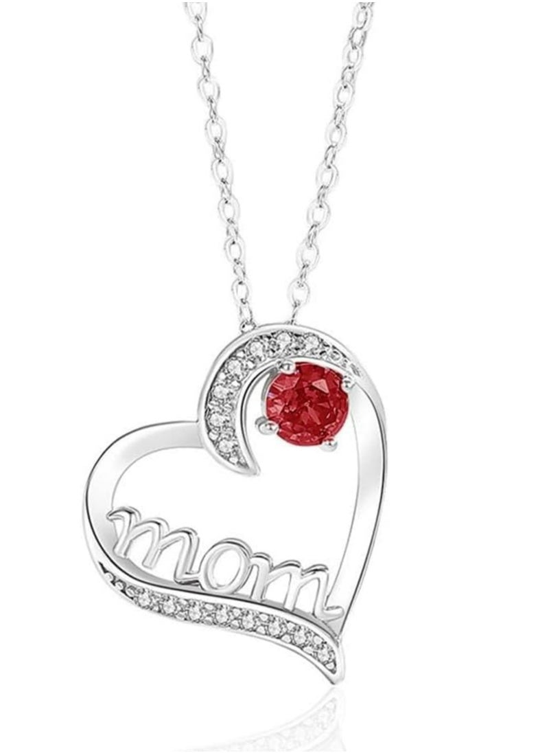 Mike Music - Elegantly Crafted 925 Sterling Silver "Mom" Heart Pendant Necklace with Red Crystal Accent - Image 1