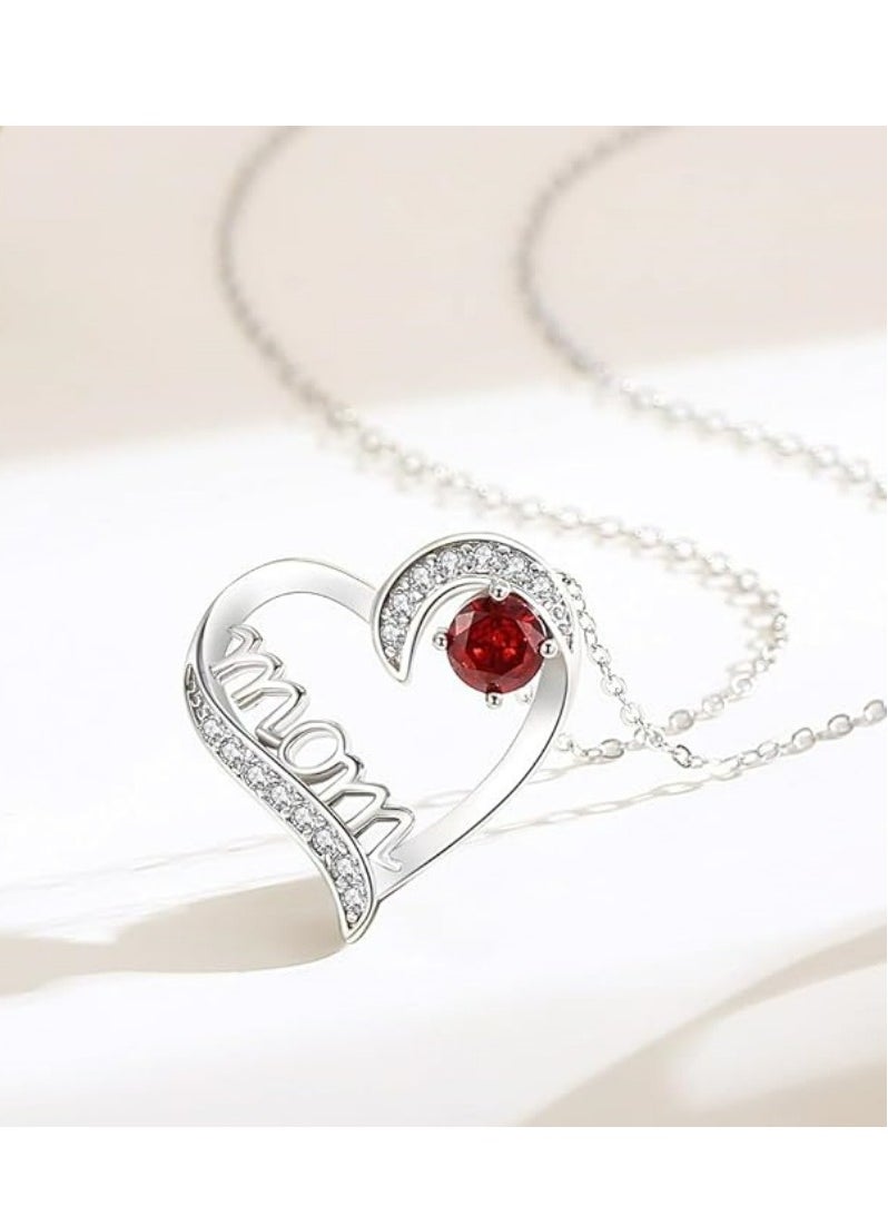 Mike Music - Elegantly Crafted 925 Sterling Silver "Mom" Heart Pendant Necklace with Red Crystal Accent - Image 1