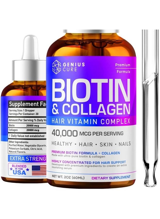 GENIUS CURE - Genius Biotin & Collagen Hair Growth Support Drops - Hair Supplement - Healthy Skin & Nails - Liquid Biotin & Collagen Supplement for Easy Absorption - Healthy Hair Growth for Men & Women 2 fl oz - Image 1
