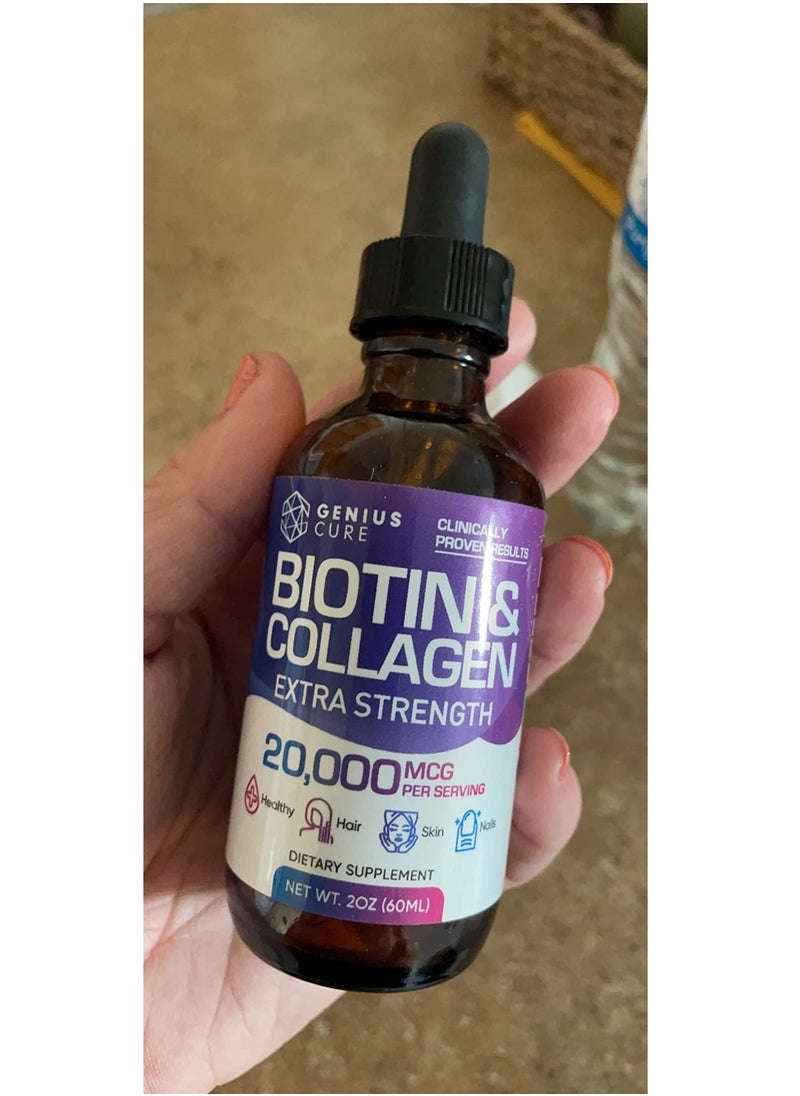 GENIUS CURE - Genius Biotin & Collagen Hair Growth Support Drops - Hair Supplement - Healthy Skin & Nails - Liquid Biotin & Collagen Supplement for Easy Absorption - Healthy Hair Growth for Men & Women 2 fl oz - Image 1