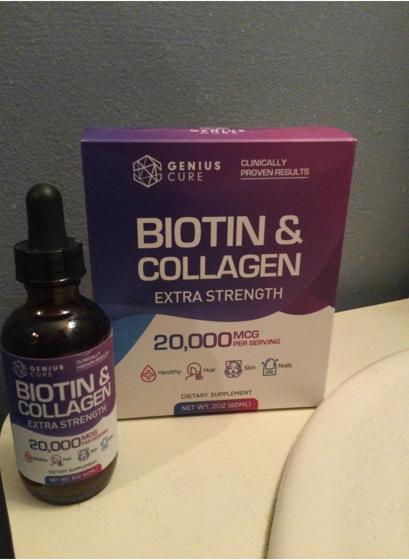 GENIUS CURE - Genius Biotin & Collagen Hair Growth Support Drops - Hair Supplement - Healthy Skin & Nails - Liquid Biotin & Collagen Supplement for Easy Absorption - Healthy Hair Growth for Men & Women 2 fl oz - Image 1