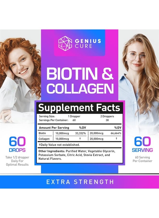GENIUS CURE - Genius Biotin & Collagen Hair Growth Support Drops - Hair Supplement - Healthy Skin & Nails - Liquid Biotin & Collagen Supplement for Easy Absorption - Healthy Hair Growth for Men & Women 2 fl oz - Image 1