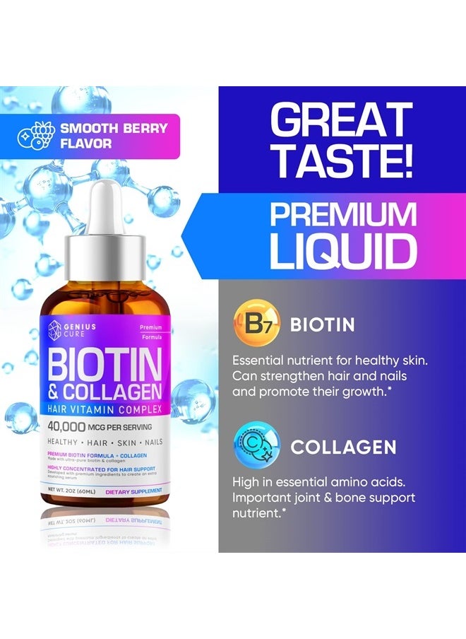 GENIUS CURE - Genius Biotin & Collagen Hair Growth Support Drops - Hair Supplement - Healthy Skin & Nails - Liquid Biotin & Collagen Supplement for Easy Absorption - Healthy Hair Growth for Men & Women 2 fl oz - Image 1