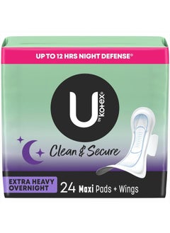Clean & Secure Overnight Maxi Pads with Wings, Extra Heavy Absorbency, 24 Count (2 Packs of 12) (Packaging May Vary)