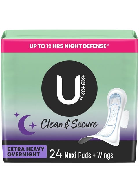 Clean & Secure Overnight Maxi Pads with Wings, Extra Heavy Absorbency, 24 Count (2 Packs of 12) (Packaging May Vary)