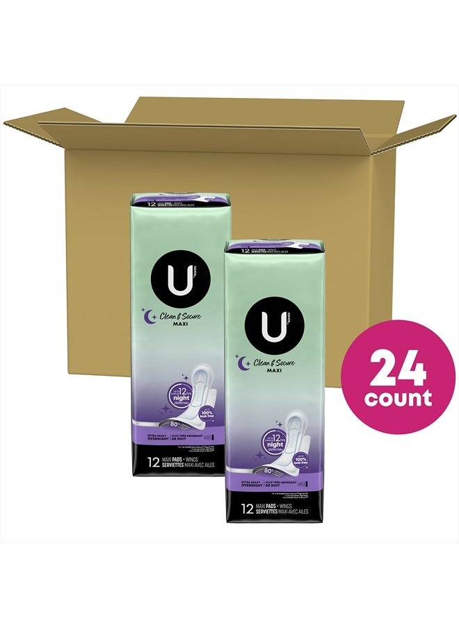 U by Kotex - Clean & Secure Overnight Maxi Pads with Wings, Extra Heavy Absorbency, 24 Count (2 Packs of 12) (Packaging May Vary) - Image 1