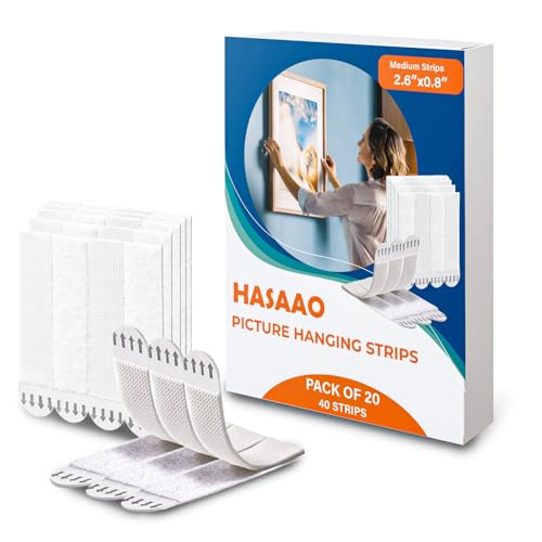 HASAAO Picture Hanging Strips, Medium 40 Strips (20 Pairs), Damage Free Wall Hangers for Frames and Posters, Heavy Duty Removable Adhesive Hook and Loop Tape, No Nails Needed, White - Image 1