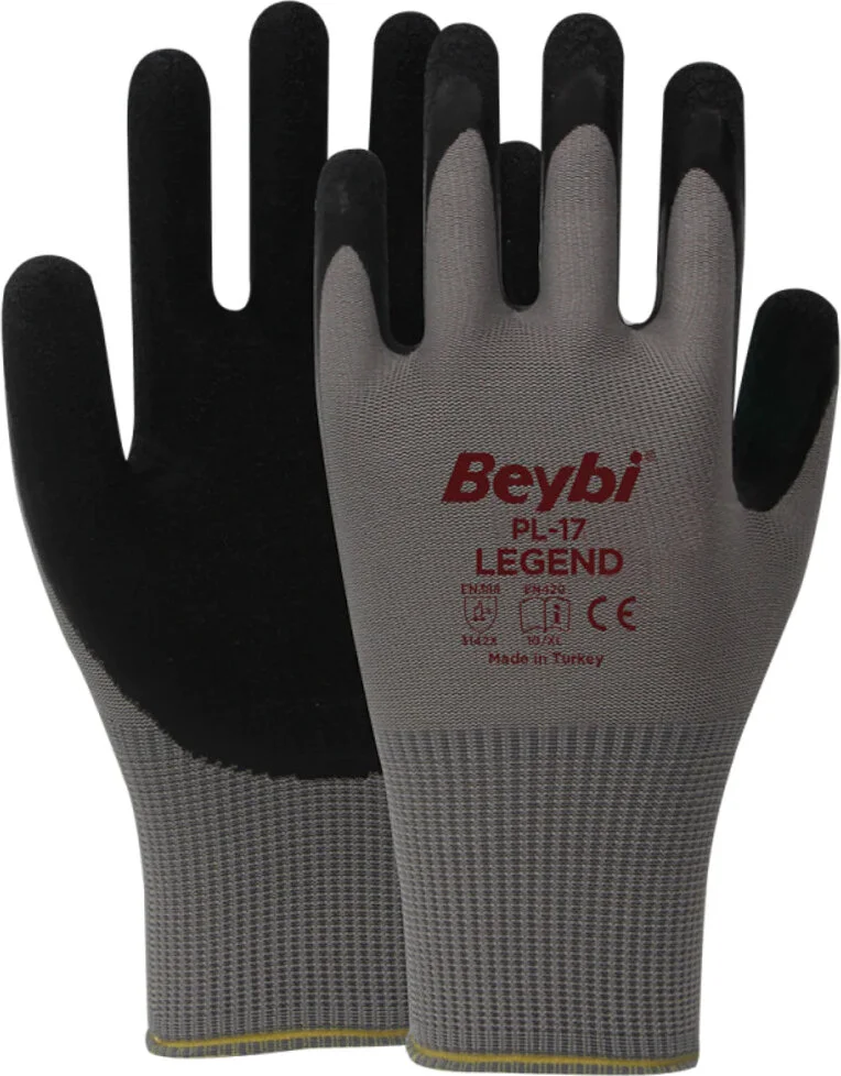 Beybi PL17 Legend Polyester Knitted Latex Gloves 12 Pairs Black