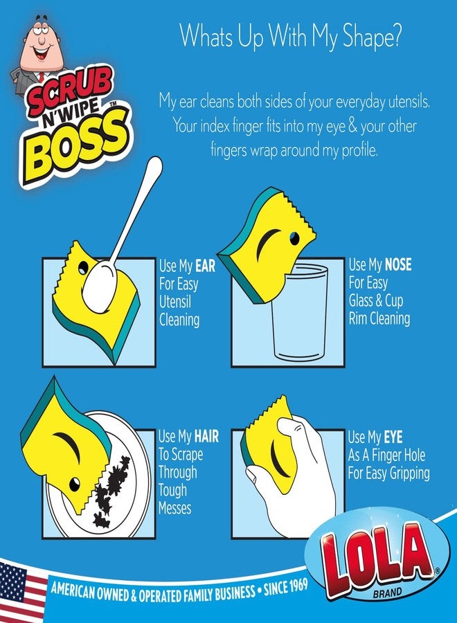 Lola Products Scrub N Wipe Boss, Non-Scratch Scrubbing, 2-Sided Sponge, Remove Debris, Firm in Cold Water/Flexible in Warm Water, Made in USA, 9 Pack - Image 3