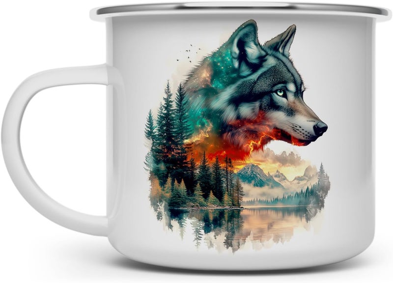 Loftipop Nature Wolf Enamel Camp Mug Wild Life Animal Campfire Camping Cup Outdoor Lover Gifts 16oz - Image 1