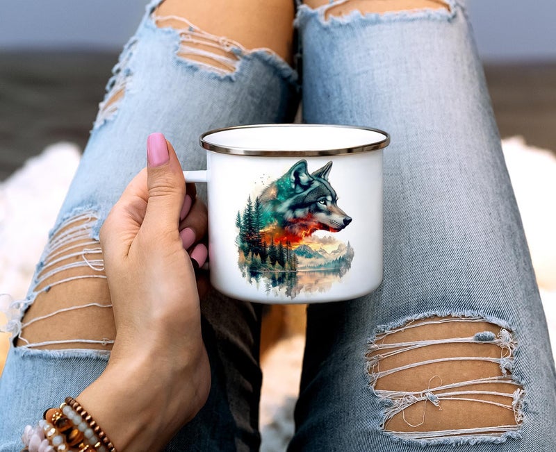 Loftipop Nature Wolf Enamel Camp Mug Wild Life Animal Campfire Camping Cup Outdoor Lover Gifts 16oz - Image 3