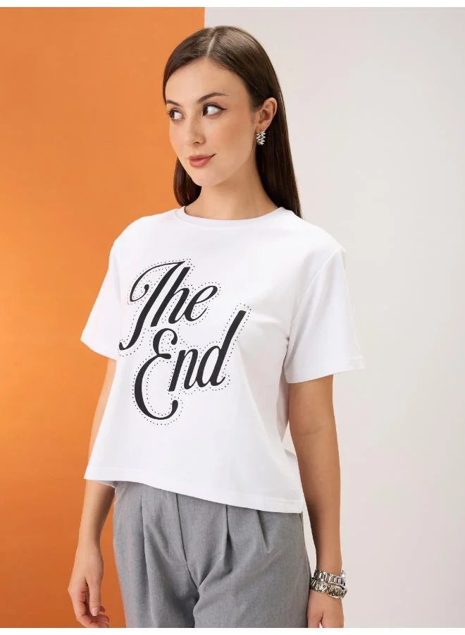globus Globus Women White Typography Print Embellished Detail Round Neck Short Sleeves Boxy Fit Crop T-Shirt