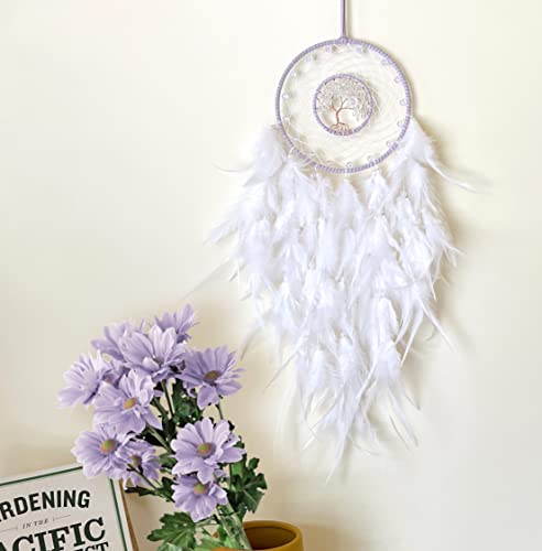 Dksuwe Dream Catchers, White Dream Catcher Tree of Life Wall Decor, with Natural Healing Crystal Stone, Perfect Rock Crystal Handmade Dreamlike Dream Catchers for Bedroom Decor Art Craft Gift - Image 4