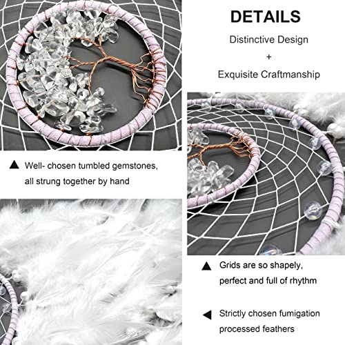 Dksuwe Dream Catchers, White Dream Catcher Tree of Life Wall Decor, with Natural Healing Crystal Stone, Perfect Rock Crystal Handmade Dreamlike Dream Catchers for Bedroom Decor Art Craft Gift - Image 2