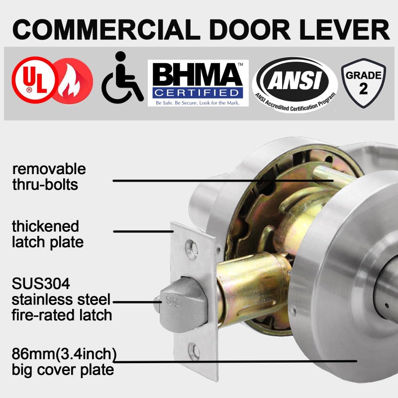 HISAFE Keyed Entry Grade 2 Commercial Door Locks Heavy Duty Office Door Lever, Non-Handed, UL 3 Hour Fire Rated, ADA Compliant, Satin Chrome Finish 26D, 2-3/4''Backset X-XG-ET-70 - Image 2