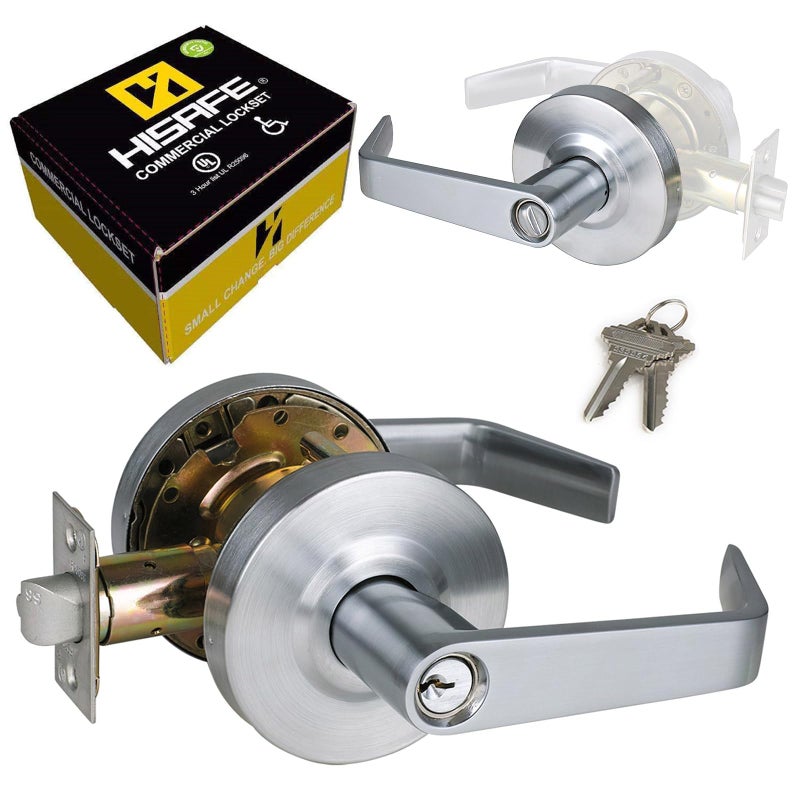 HISAFE Keyed Entry Grade 2 Commercial Door Locks Heavy Duty Office Door Lever, Non-Handed, UL 3 Hour Fire Rated, ADA Compliant, Satin Chrome Finish 26D, 2-3/4''Backset X-XG-ET-70 - Image 1