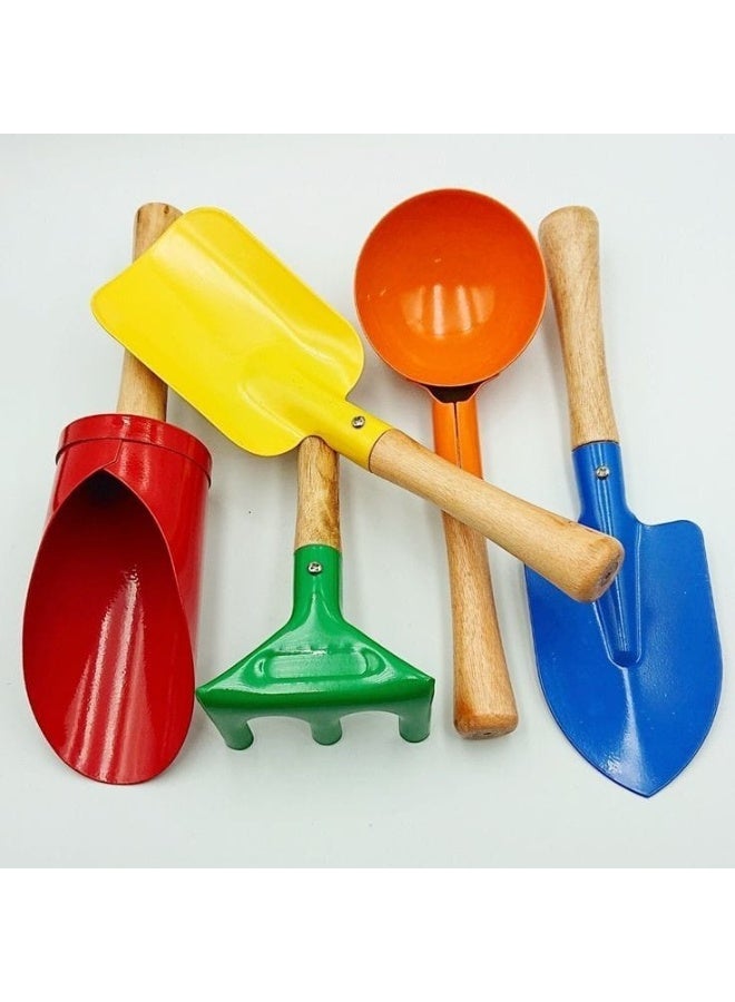 4 قطع من ألعاب الشاطئ والرمل الملونة بمقابض خشبية، أحمر، أصفر، أزرق، أخضر، برتقالي - Image 1