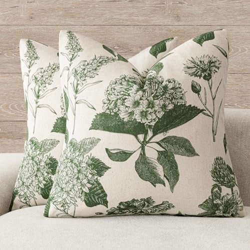 Foindtower Set of 2 Linen Floral Throw Pillow Covers Neutral Vintage Print Decorative Cozy Cushion Covers Farmhouse Boho Home Decor for Sofa Chair Couch Bedroom Living Room1818 InchDark Green - Image 1