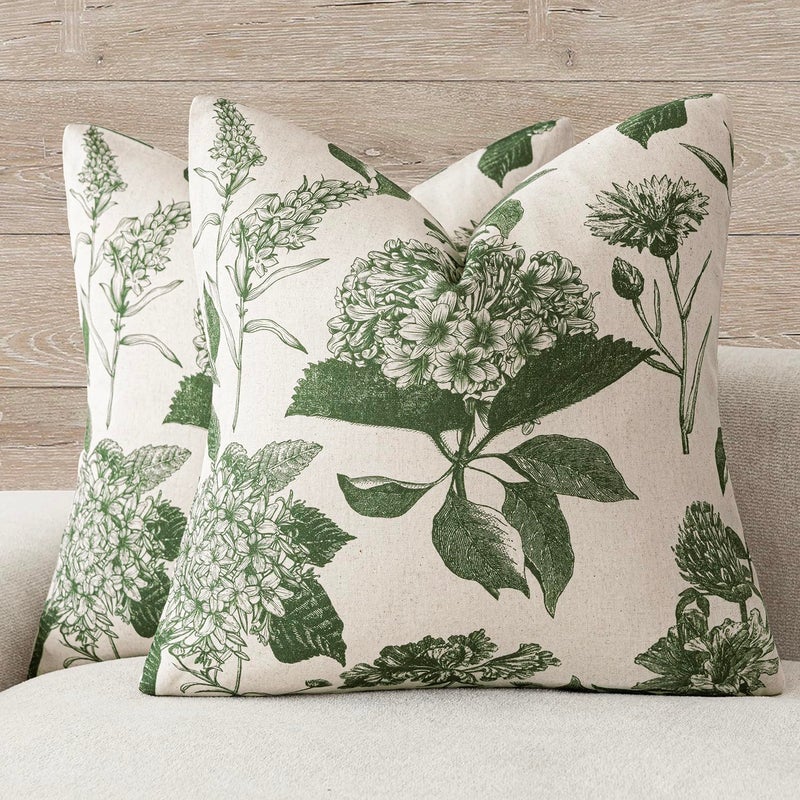 Foindtower Set of 2 Linen Floral Throw Pillow Covers Neutral Vintage Print Decorative Cozy Cushion Covers Farmhouse Boho Home Decor for Sofa Chair Couch Bedroom Living Room1818 InchDark Green - Image 2