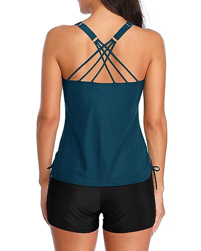 Tempt Me Two Piece Tankini Swimsuits for Women Tummy Control Bathing Suit with Shorts Athletic Swimwear Blue Green L - Image 2