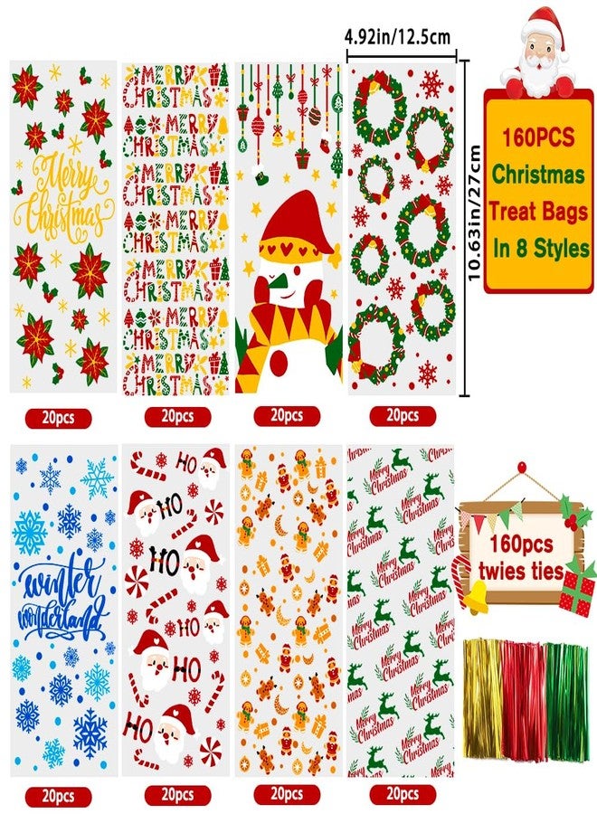 DULEFUN 160PCS Christmas Cellophane Treat Bags 8 Styles Clear Xmas Candy Cookie Goodie Cello Bags with Twist Ties for Christmas Winter Holiday Party Favors Supplies - Image 4
