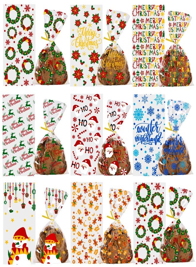 DULEFUN 160PCS Christmas Cellophane Treat Bags 8 Styles Clear Xmas Candy Cookie Goodie Cello Bags with Twist Ties for Christmas Winter Holiday Party Favors Supplies - Image 1