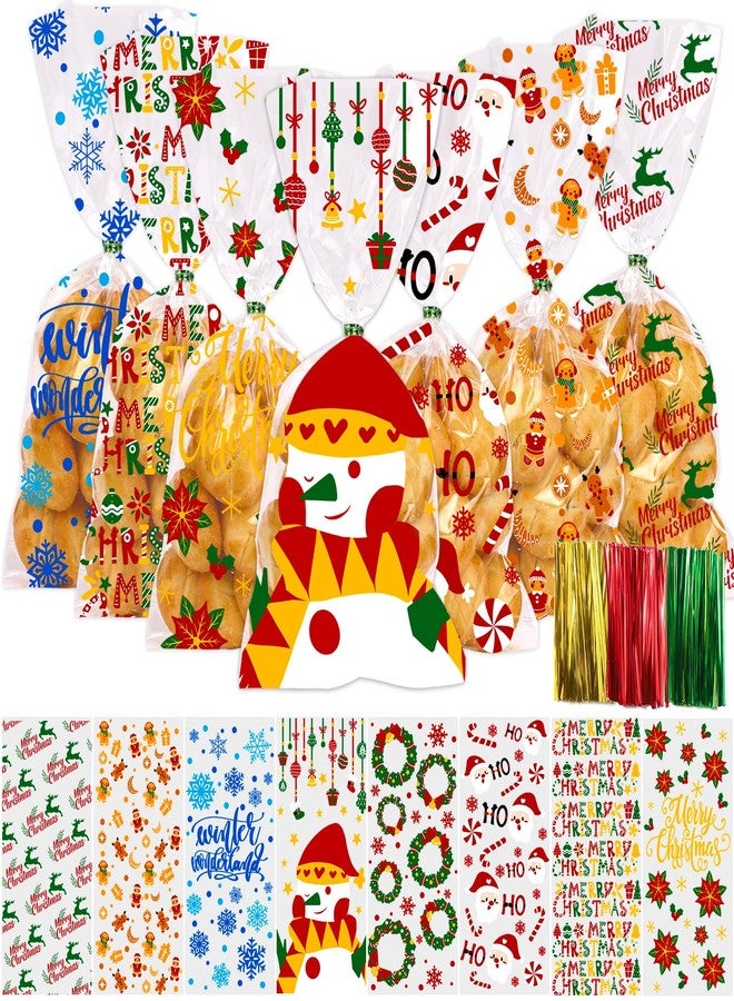 DULEFUN 160PCS Christmas Cellophane Treat Bags 8 Styles Clear Xmas Candy Cookie Goodie Cello Bags with Twist Ties for Christmas Winter Holiday Party Favors Supplies - Image 5
