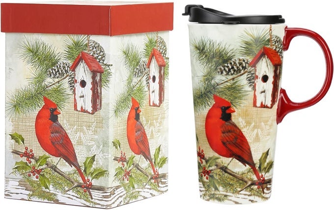 CHRISTMAS CERAMIC TRAVEL MUG COFFEE CUP LATTE MUG WITH LID AND GIFT BOX FOR HOLIDAY17 OZ