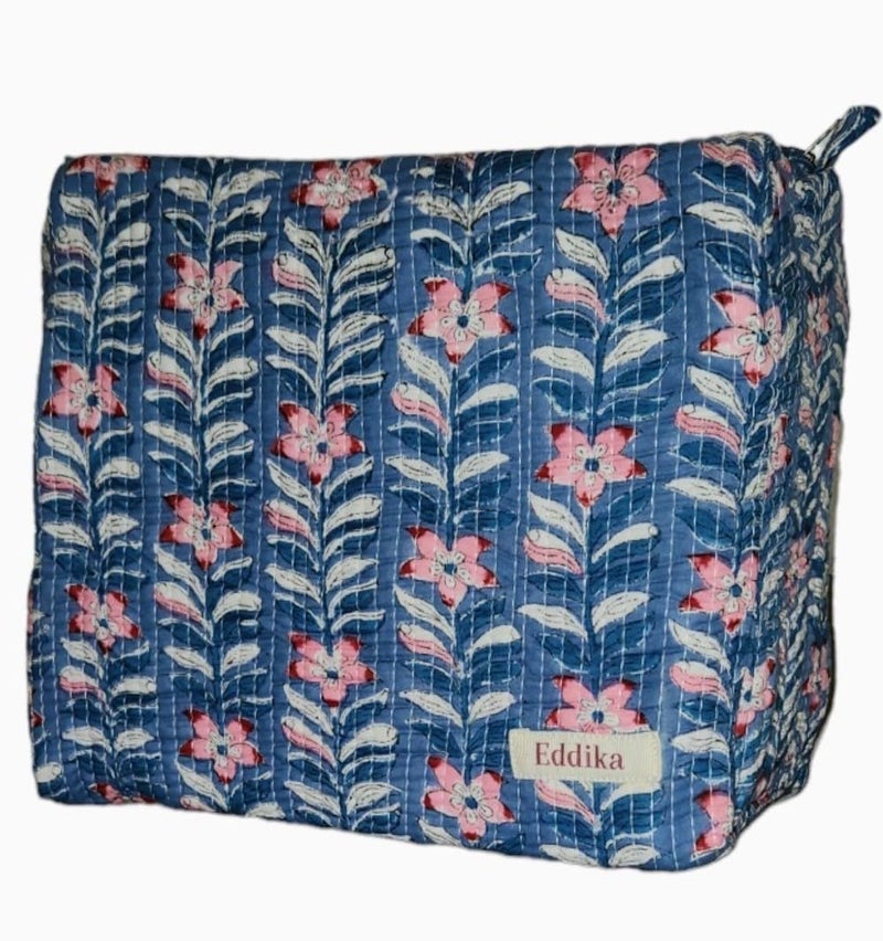 Eddika Quilted Hand Block Printed Cotton Multipurpose Extra Large Cosmetic Bags for Storage Travel Kit Makeup PouchesToiletry Bag eeltpcb08 - Image 1
